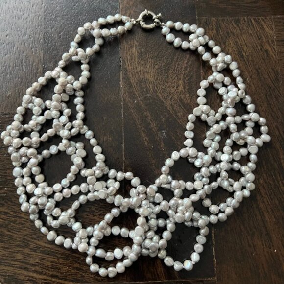 Chunky Water Pearls Multi Strand Chocker Necklace / Grey - Picture 1 of 6